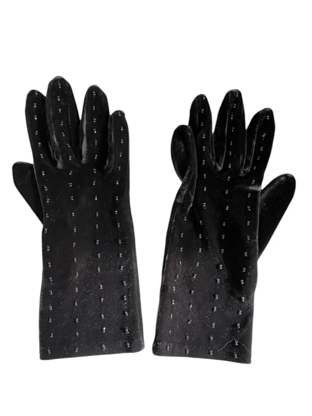 Velvet Bead Embellished Grey Satin Gloves
